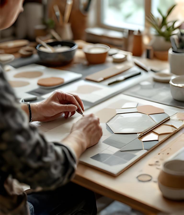 Ceramic artisan reviewing a custom tile layout in a bright Zürich workshop with sample pieces and drawings