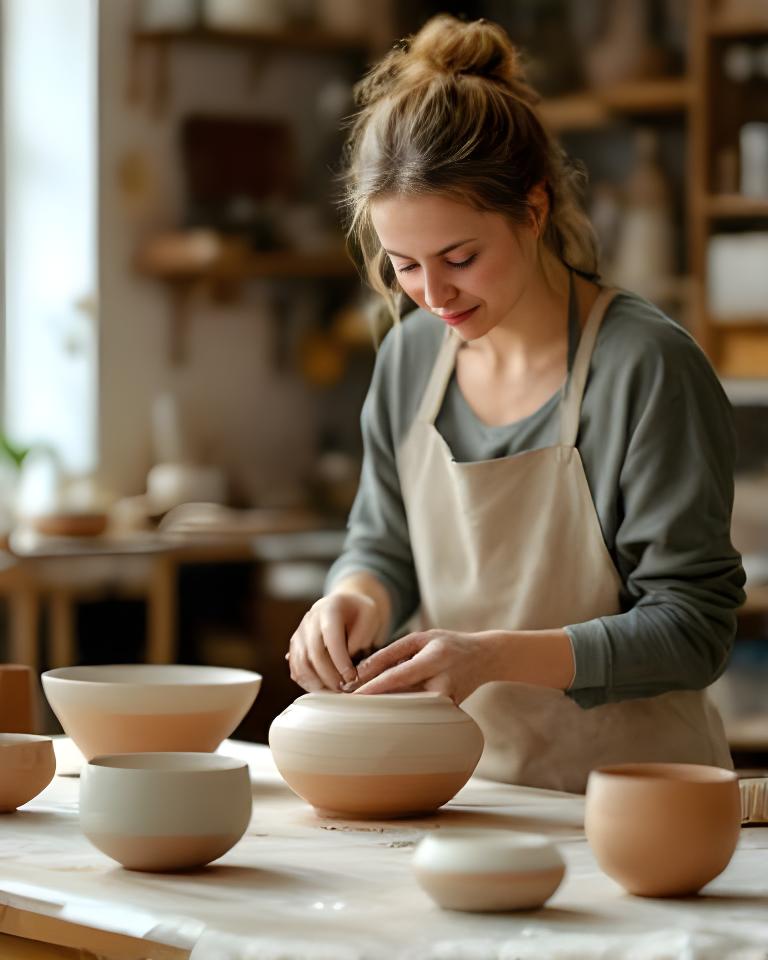 Keramikerin in einer hellen Zürcher Werkstatt neben frisch geformten Schalen und glasierten Proben