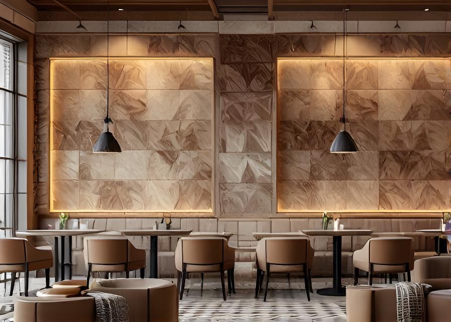 Restaurant wall cladding before and after ceramic upgrade with warm lighting and textured surfaces