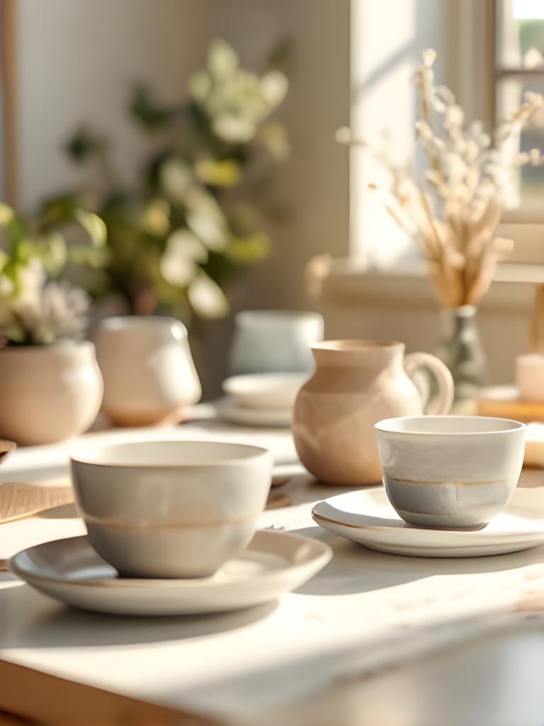 Handbemaltes Keramik-Set mit Tellern, Tassen und Schale auf einem hellen Atelier-Tisch in Zürich