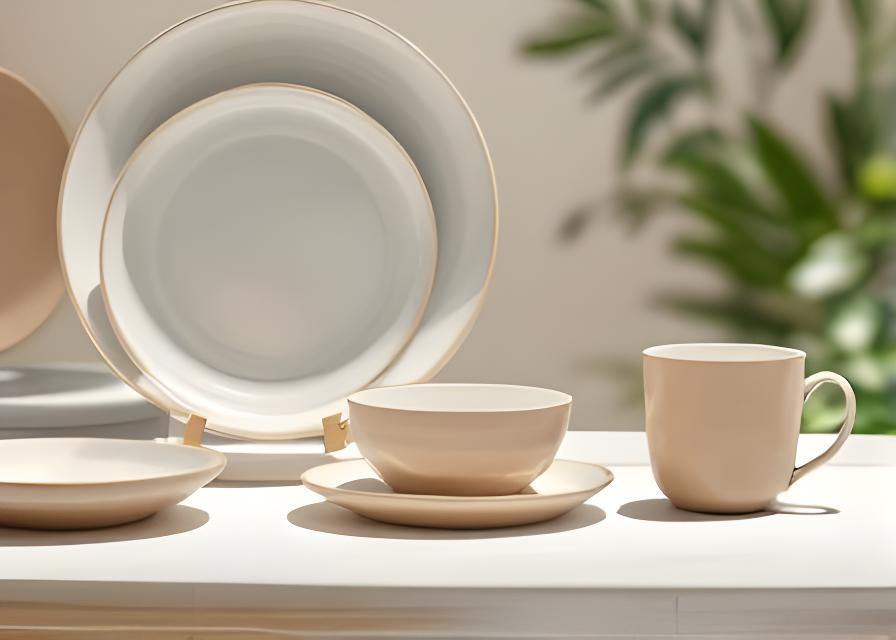 Zürich-Set aus Teller, Schale und Tasse auf einem hellen Tisch mit sanften Schatten