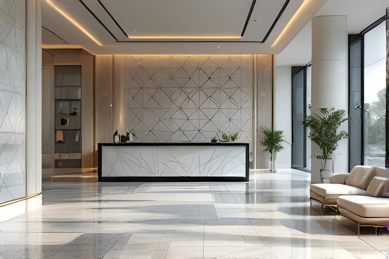 Hotel lobby tile composition before and after in a polished reception area with geometric ceramic details